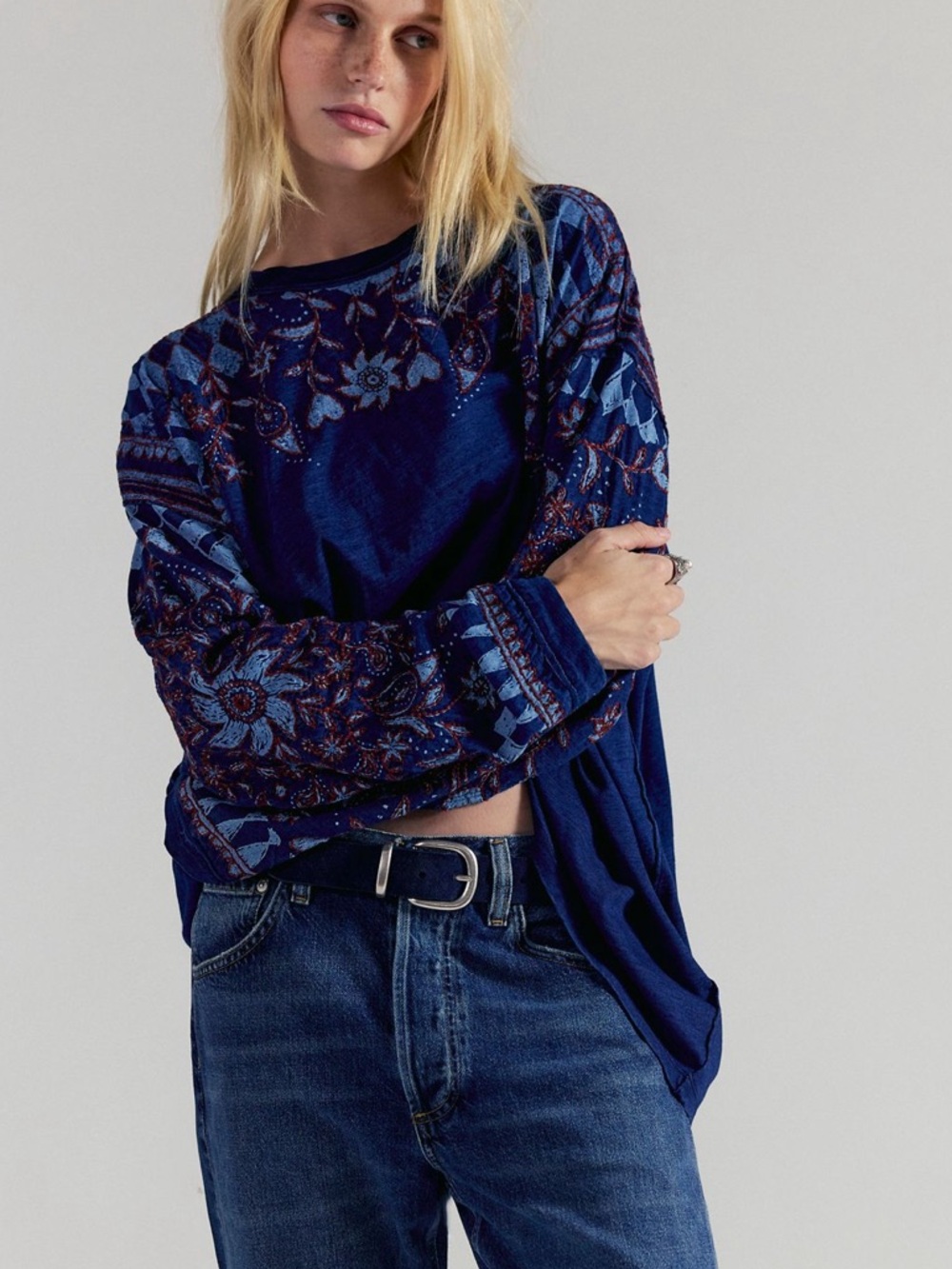 Free People We the Free Deck of Cards Embroidered Long Sleeve Top Indigo Combo